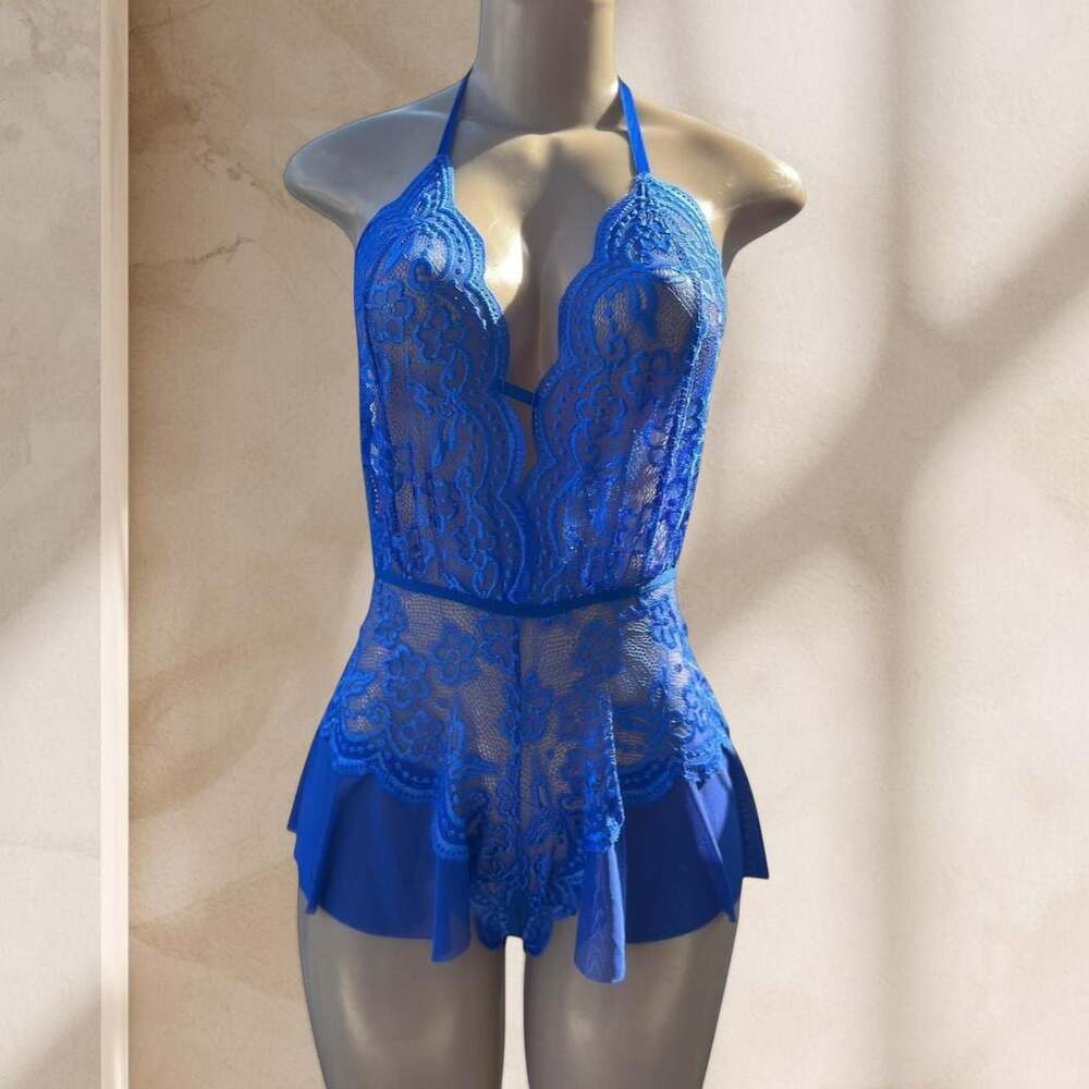 Blue Lace Bodysuit Lingerie – Halter Deep V Sheer Ruffle Detail Sexy ✧ M